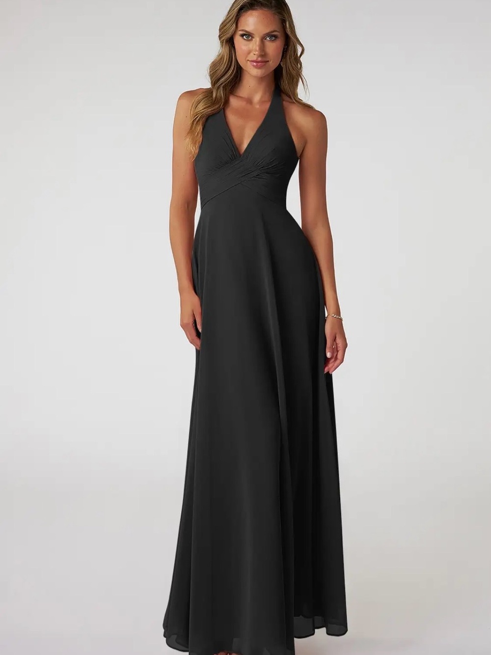 Azazie Black Tessie Halter V-Back A-Line Chiffon Dress - Picture 3 of 10